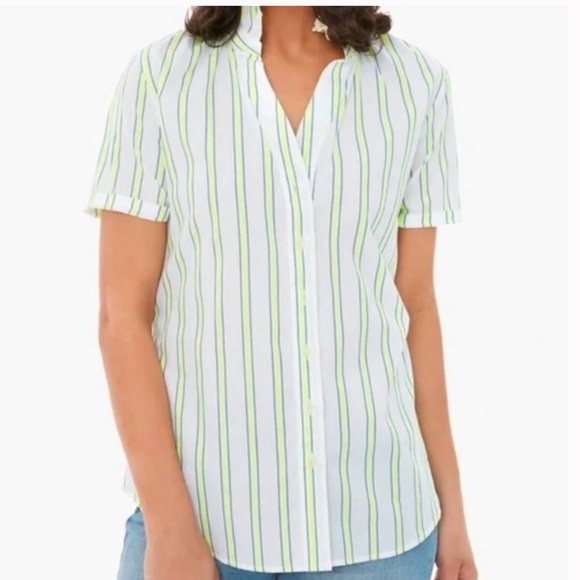 Rochelle Behrens The Shirt Short Sleeve Ruffled Collar Fluorescent Stripe Top - Picture 3 of 12
